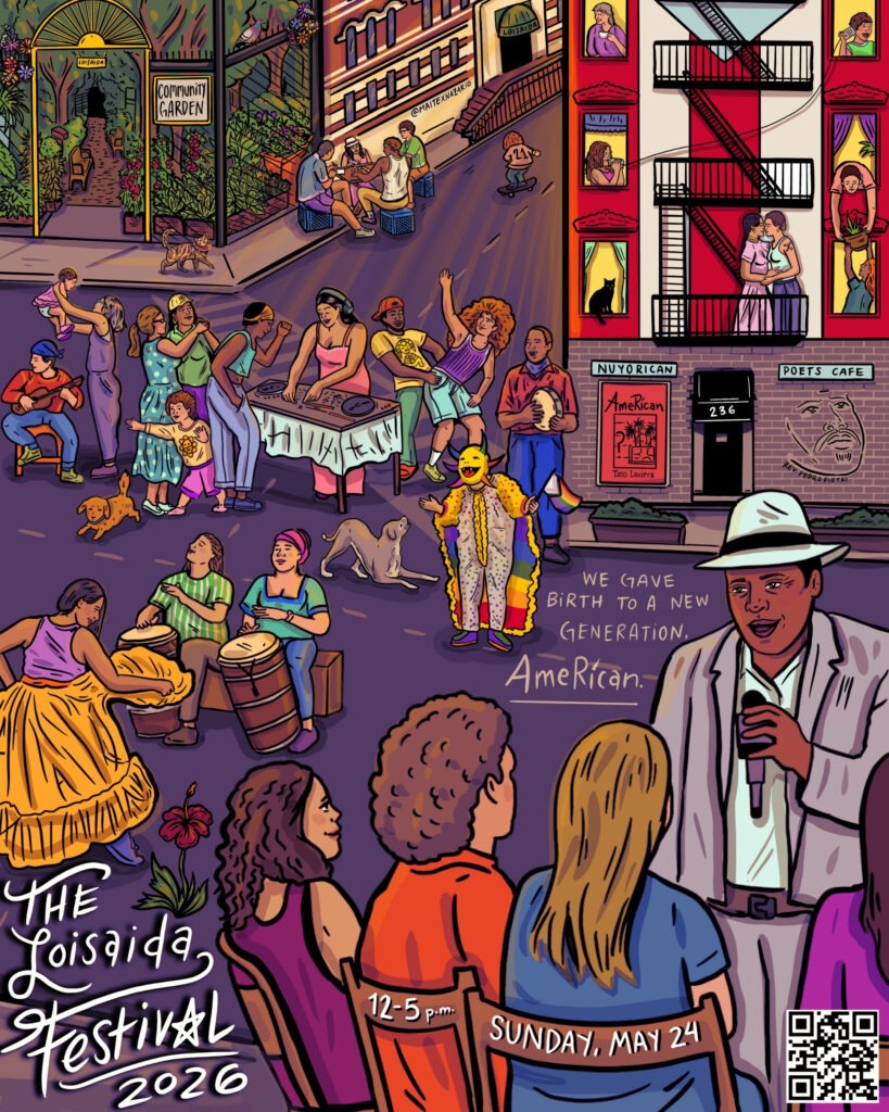 The 39th annual commemorative poster art by Mateo Nazario.depicting lively illustrated scene of people dancing and listening to poetry at the Loisaida Festival on Avenue C- Loisaida Ave.